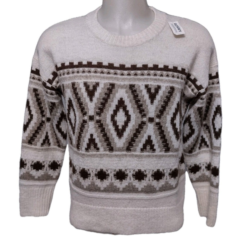Old Navy Sweater Size M Mens Southwestern Boho Cabin Core Tan Geometric Crewneck